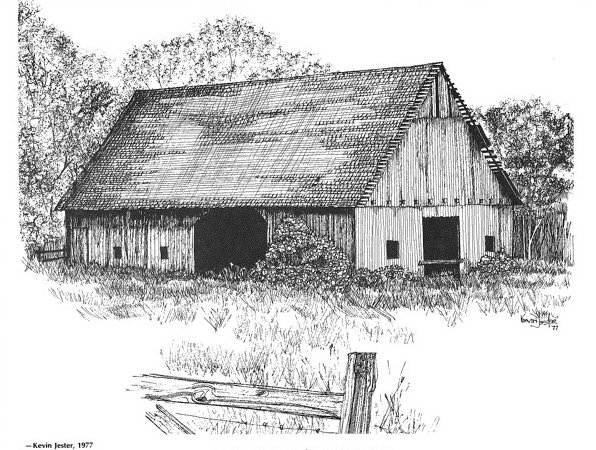 “Old Age Sets In On The Sam James Barn, 1977” is the name of this sketch by Kevin Jester.